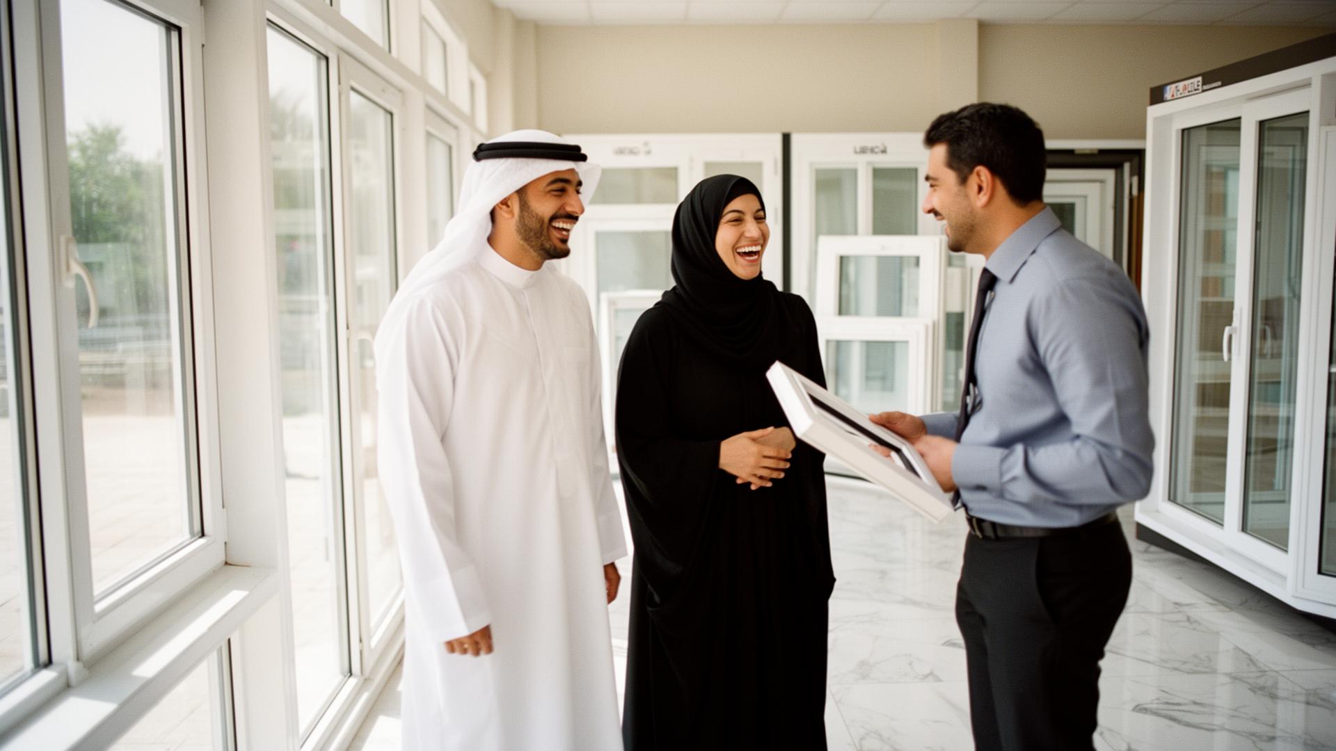 Qatari couple laughing with a UPVC sales representative inside a modern showroom