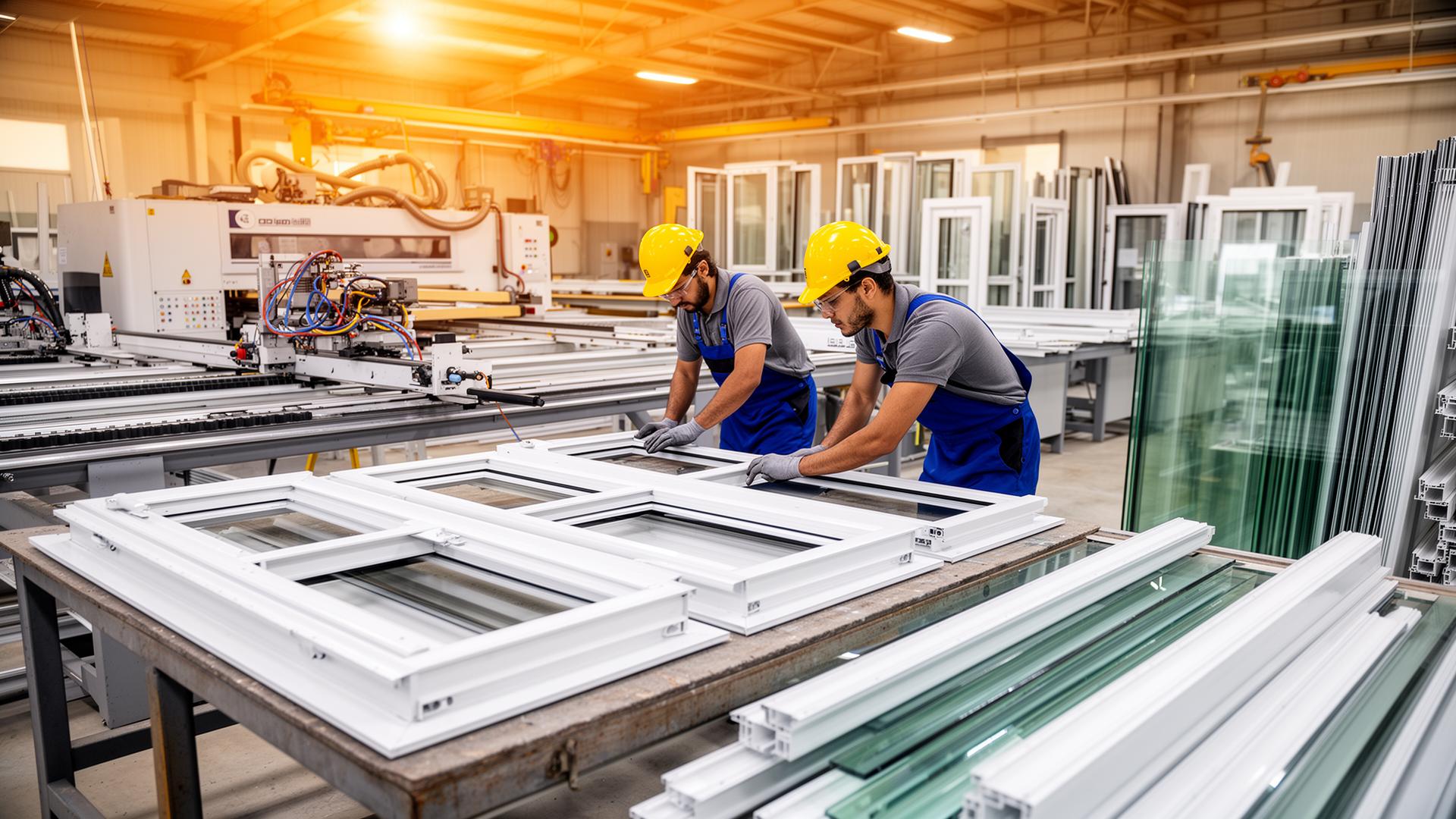 Workers assembling UPVC windows inside a modern Qatar manufacturing factory
